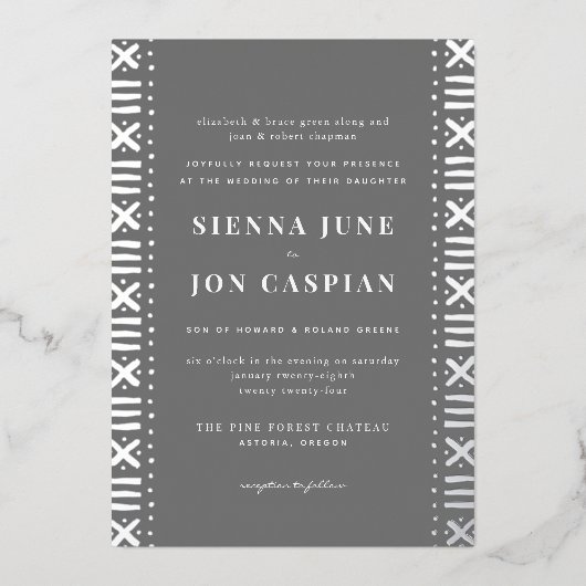 グレーボーホムードクロス縁ど銀箔招待状 箔招待状 (正面)