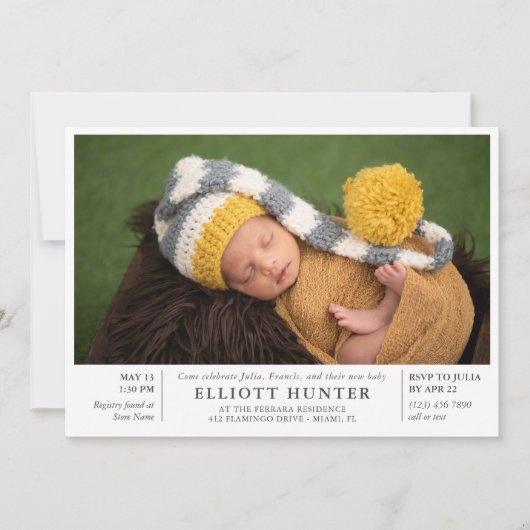 グレーポスト誕生ベビーシャワー写真Sip & See 招待状 (正面)