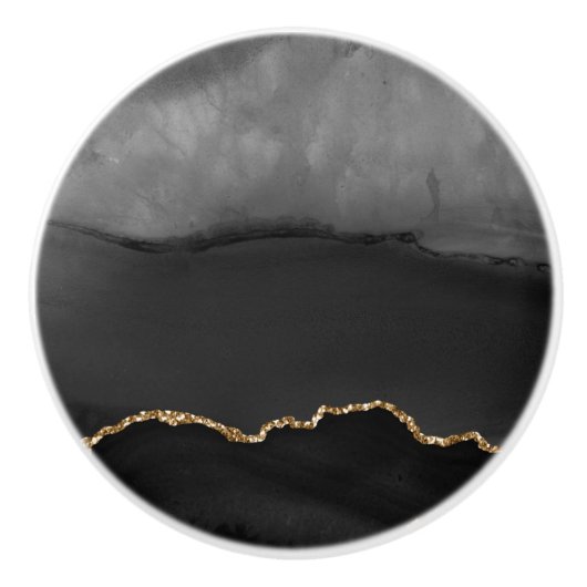 グレーマフェイクーブルアゲートゴールデングリッターブラックストーン セラミックノブ (正面)