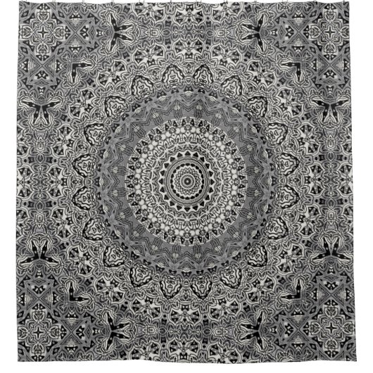 グレーマンダラ万華鏡のように千変万化するパターンメダリオンフラワー シャワーカーテン (正面)