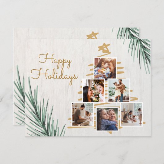 グレーミニマリストハッピーホリデーズフォトコラージュ シーズンカード (正面/裏面)