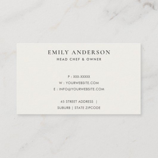 グレーミニマルホワイトスキマーエレガントスプーンフォークシェフ 名刺 (裏面)