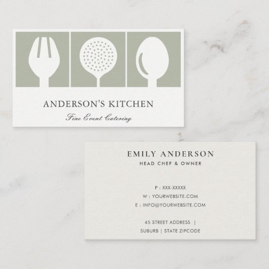 グレーミニマルホワイトスキマーエレガントスプーンフォークシェフ 名刺 (正面/裏面)
