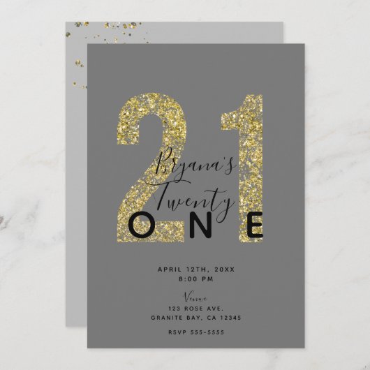 グレーミニマル金ゴールドフレーク21グリッター21歳の誕生日 招待状 (正面/裏面)