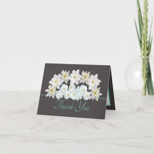 グレーミントかわいらしホワイトフラワーブーケありがとう カード (正面)