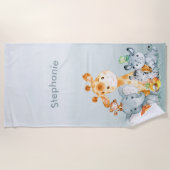 グレーミントウォーターカラーかわいいサファリジャングル動物 ビーチタオル (正面)