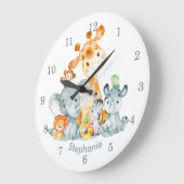 グレーミントウォーターカラーかわいいサファリジャングル動物 ラージ壁時計 (傾斜)