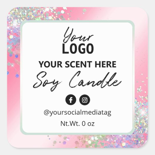 グレームピンクグリッターソイキャンドルラベル スクエアシール (正面)
