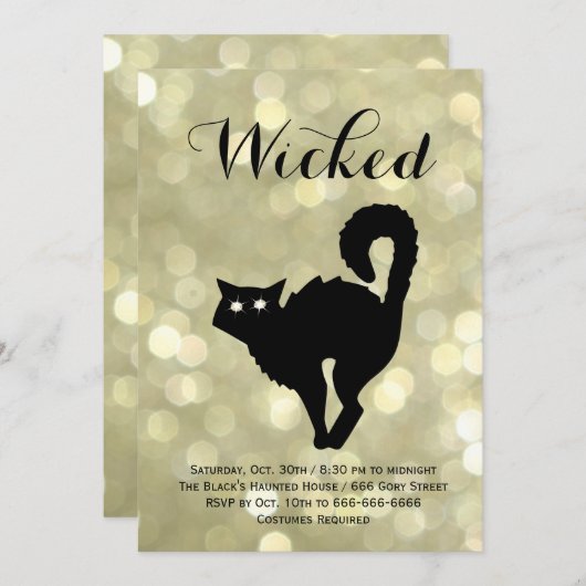グレームブラックキャットオンハロウィーン金ゴールド衣装パーティー 招待状 (正面/裏面)