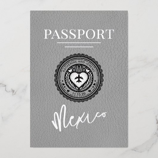 グレーメキシコ結婚パスポート 箔招待状 (正面)