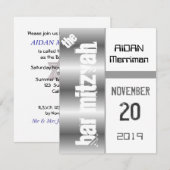 グレーメタリックバー（ユダヤ教の）バル・ミツバー 招待状 (正面/裏面)