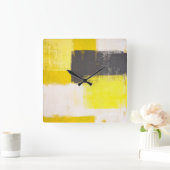 グレーモダンとイエローの抽象芸術のアートクロック スクエア壁時計 (ホーム)