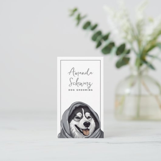 グレーモダンと白かわいいハスキー犬のグルーミング 名刺 (スタンド正面)