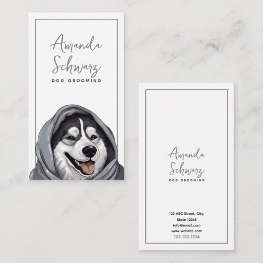 グレーモダンと白かわいいハスキー犬のグルーミング 名刺 (正面/裏面)