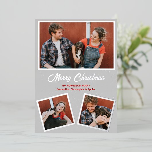 グレーモダンと赤の休日グリーティングカード 箔招待状 (立ち正面)