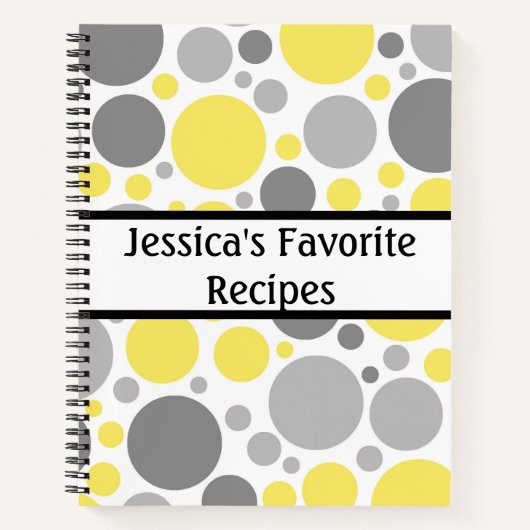 グレーモダンと黄色のバブルのパーソナライズされたレシピ ノートブック (正面)