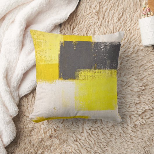 グレーモダンと黄色の抽象芸術枕 クッション (ブランケット)
