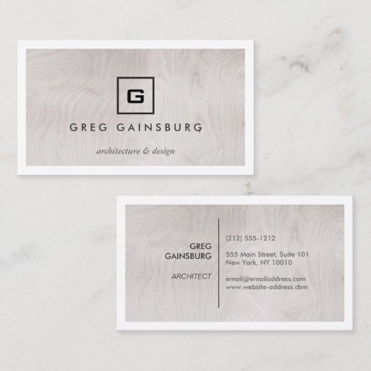 グレーモダンのシンプル木目の上にロゴが入った箱 名刺 (正面/裏面)