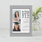 グレーモダンのストライプ写真の卒業式への招待 招待状 (スタンド正面)