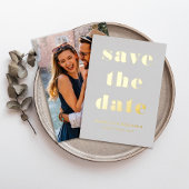 グレーモダンの写真の日付金ゴールドの保存 箔招待状