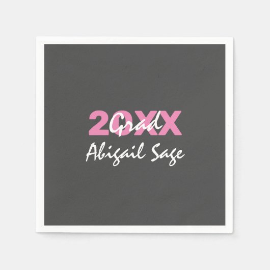 グレーモダンの卒業にピンクと白の文字 スタンダードカクテルナプキン (正面)