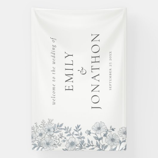 グレーモダンの花模様がバナに結婚歓迎 横断幕 (縦)