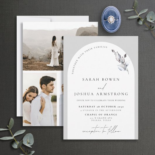 グレーモダンアーチボタニカルスクリプト2写真結婚の 招待状