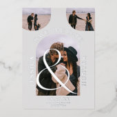 グレーモダンアーチ4写真結婚式の日付を保存 箔招待状 (正面)