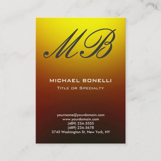 グレーモダンイエロースクリプトのモノグラム名刺 名刺 (正面)