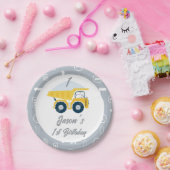 グレーモダンイエローダンプトラック1st誕生日 ペーパープレート (パーティー)