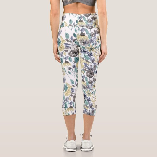 グレーモダンイエローフローラ水の色パターン カプリレギンス (裏面)