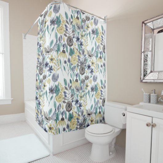 グレーモダンイエローフローラ水の色パターン シャワーカーテン (インサイチュ)