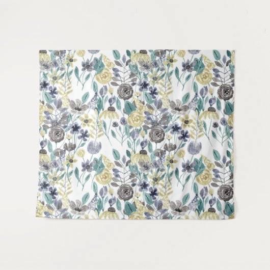 グレーモダンイエローフローラ水の色パターン タペストリー (正面(横))