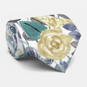 グレーモダンイエローフローラ水の色パターン ネクタイ (ロール)