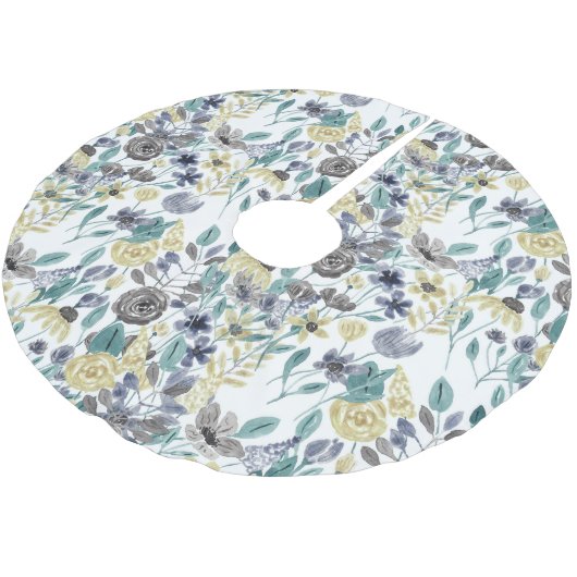 グレーモダンイエローフローラ水の色パターン ブラッシュドポリエステルツリースカート (アングル)