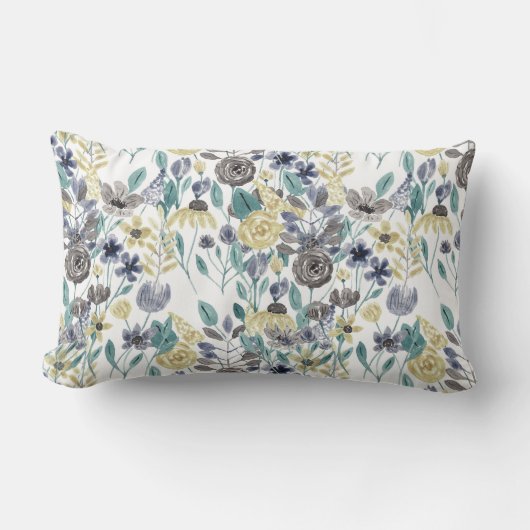 グレーモダンイエローフローラ水の色パターン ランバークッション (正面)