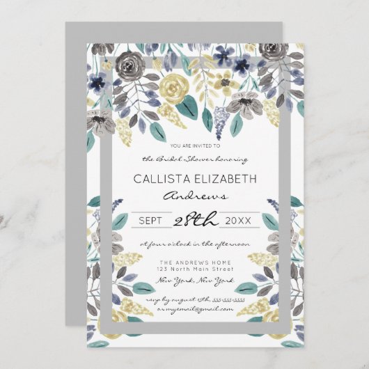 グレーモダンイエローフローラ水カラーブライダルシャワー 招待状 (正面/裏面)