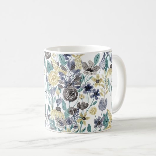 グレーモダンイエローフローラ水彩モノグラム コーヒーマグカップ (正面右)