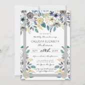 グレーモダンイエローフローラ水色ベビーシャワー 招待状 (正面)