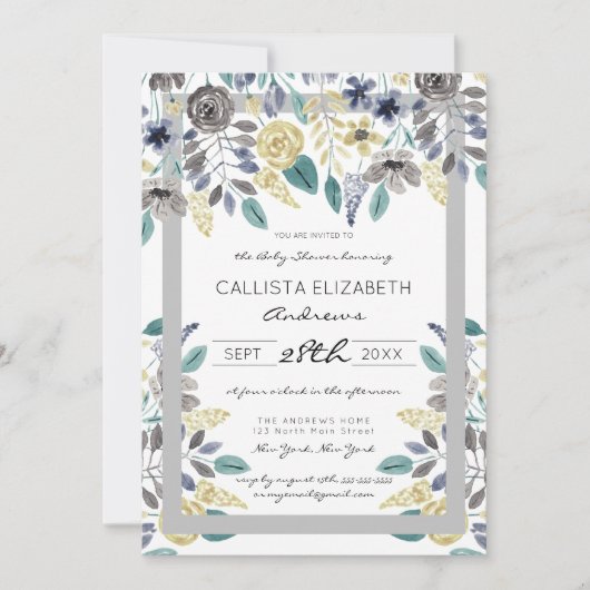 グレーモダンイエローフローラ水色ベビーシャワー 招待状 (正面)