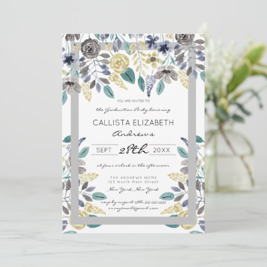 グレーモダンイエローフローラ水色卒業 招待状 (スタンド正面)