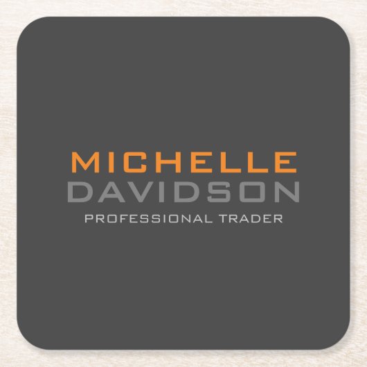 グレーモダンオレンジはっきりした文字ミニマリスト名 スクエアペーパーコースター (正面)