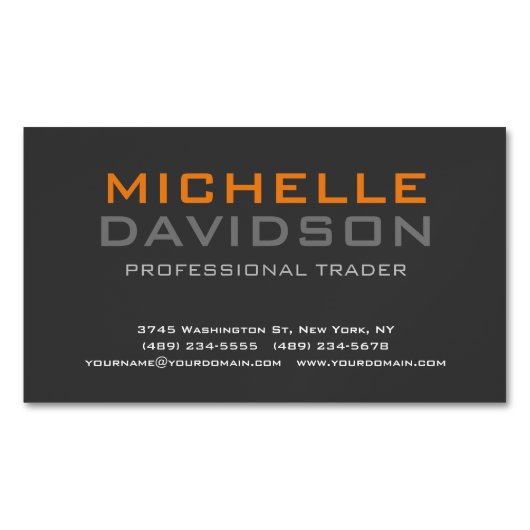 グレーモダンオレンジはっきりした文字ミニマルエレガント マグネット名刺 (正面)