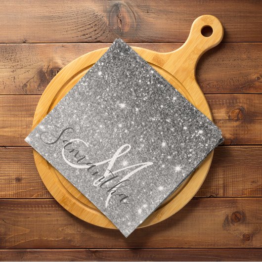 グレーモダングリッターの輝きパーソナライズされたの名前 キッチンタオル