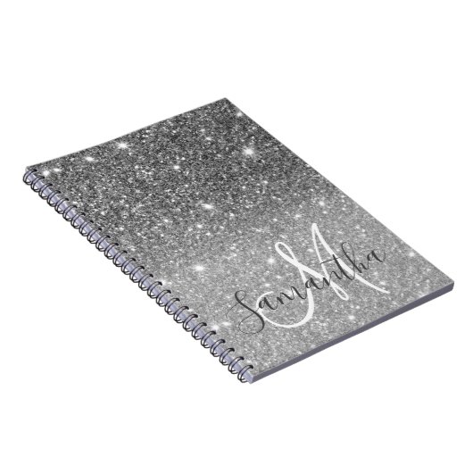 グレーモダングリッターの輝きパーソナライズされたの名前 ノートブック (右側)