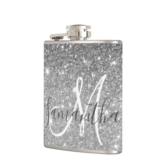 グレーモダングリッターの輝きパーソナライズされたの名前 フラスク (左)