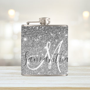 グレーモダングリッターの輝きパーソナライズされたの名前 フラスク