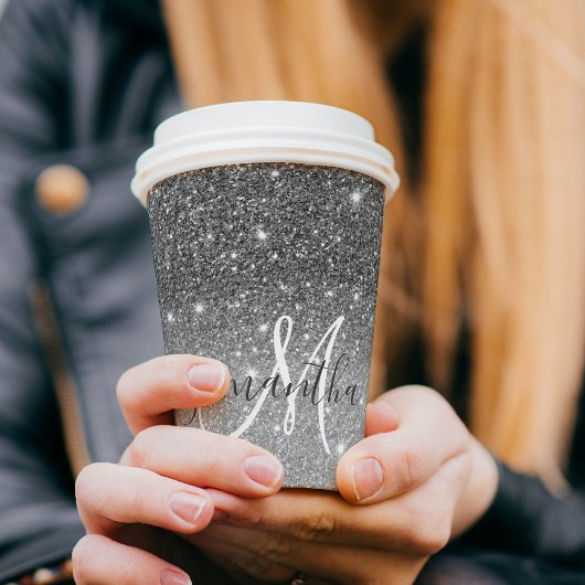 グレーモダングリッターの輝きパーソナライズされたの名前 紙コップ