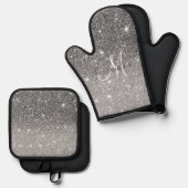 グレーモダングリッターの輝きパーソナライズされたの名前 鍋つかみ&鍋敷きセット (正面/裏面)