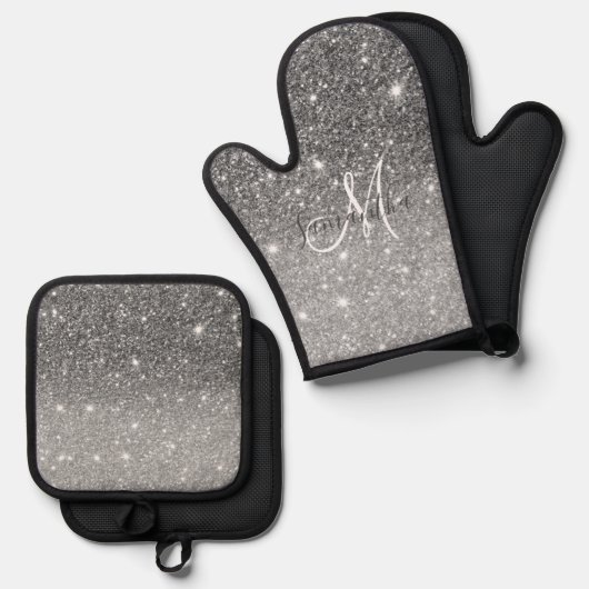 グレーモダングリッターの輝きパーソナライズされたの名前 鍋つかみ&鍋敷きセット (正面/裏面)